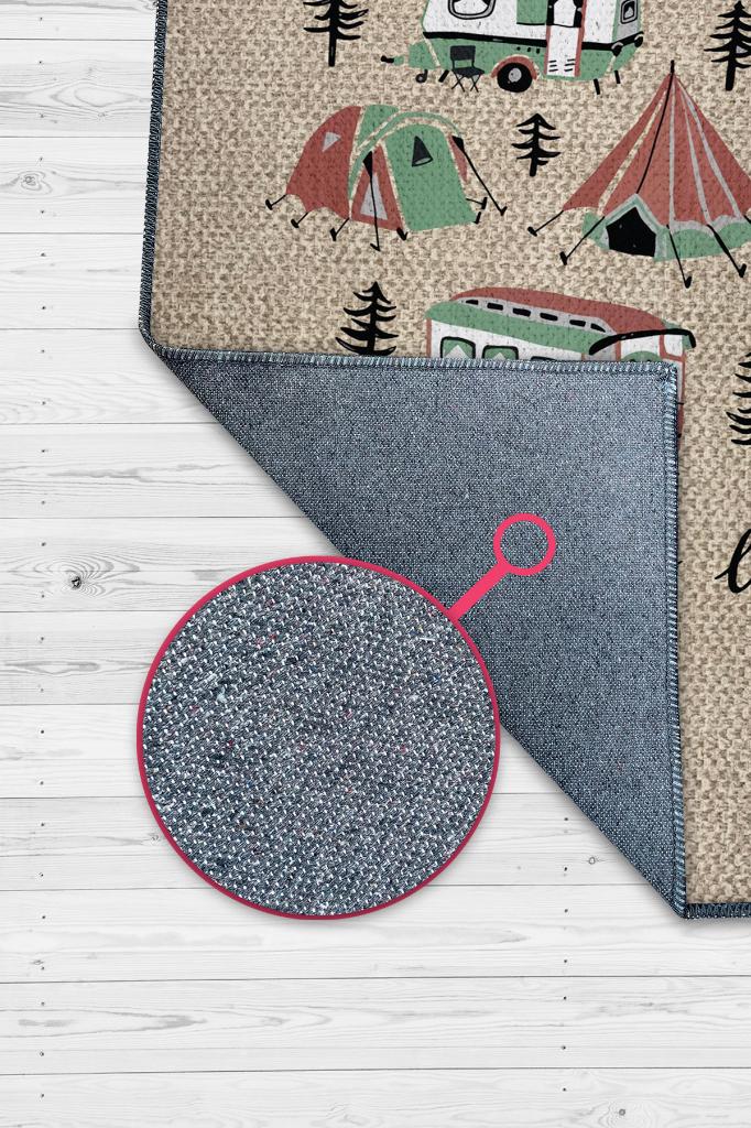 Homshtag Yeni Lüks,Kamp Hayatı Desenli Bej Halı, Çadır Halısı, Kampçı Halısı,Pamuklu Dokuma Tabanlı Yıkanabilir Halı