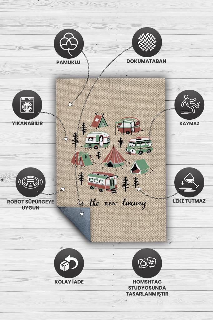 Homshtag Yeni Lüks,Kamp Hayatı Desenli Bej Halı, Çadır Halısı, Kampçı Halısı,Pamuklu Dokuma Tabanlı Yıkanabilir Halı