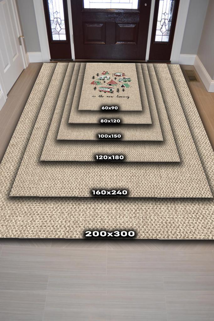 Homshtag Yeni Lüks,Kamp Hayatı Desenli Bej Halı, Çadır Halısı, Kampçı Halısı,Pamuklu Dokuma Tabanlı Yıkanabilir Halı