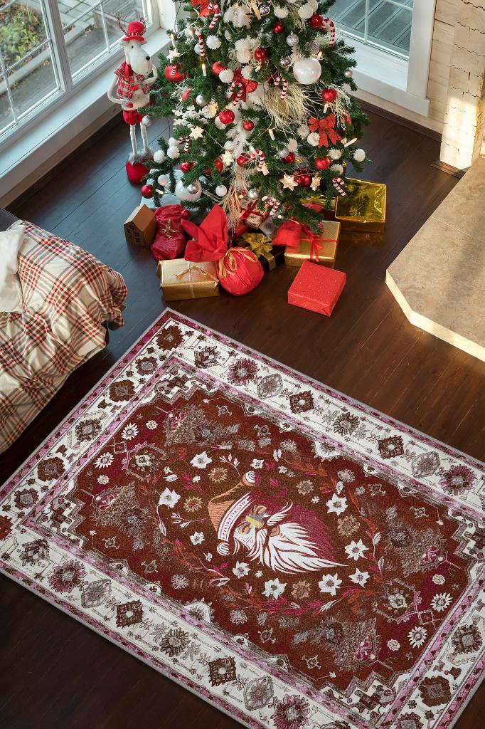 Homshtag New Year Themed Rug, Red Color, New Year Party Rug, Ethnic Pattern, Christmas Themed Rug