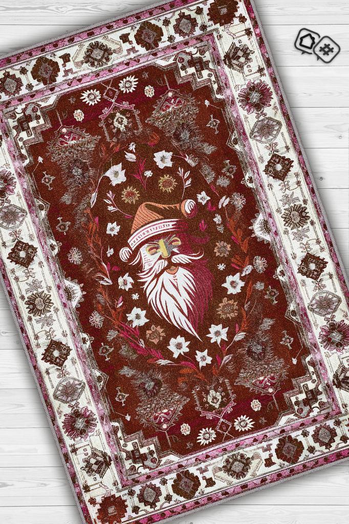 Homshtag New Year Themed Rug, Red Color, New Year Party Rug, Ethnic Pattern, Christmas Themed Rug