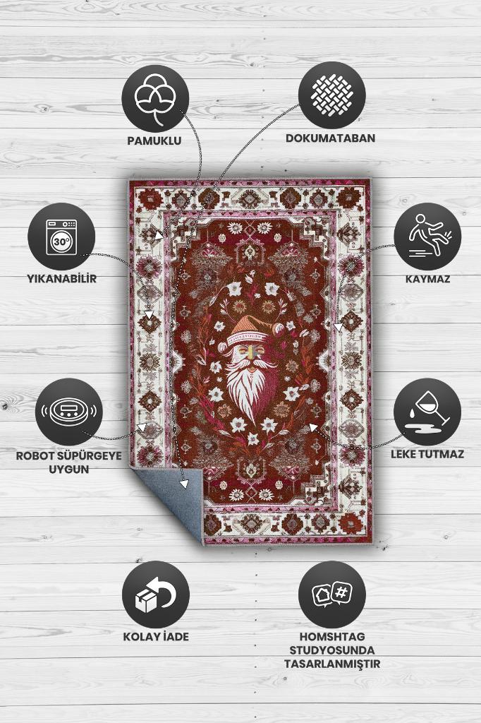 Homshtag Yeni Yıl Temalı Halı Kırmızı Renkli Yeni Yıl Parti Halısı Etnik Desenli Yılbaşı Temalı Halı