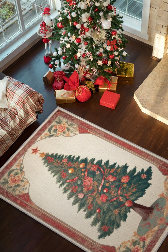 Homshtag New Year Themed Rug, Cream and Red Color, New Year Party Rug, Christmas Tree Gift Rug