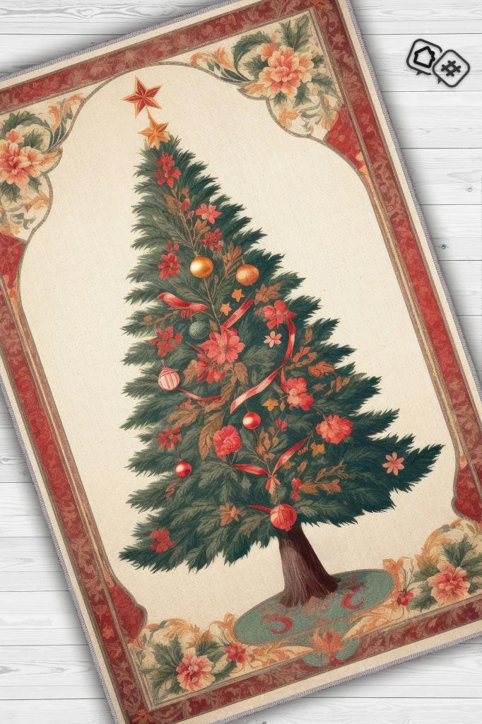 Homshtag New Year Themed Rug, Cream and Red Color, New Year Party Rug, Christmas Tree Gift Rug