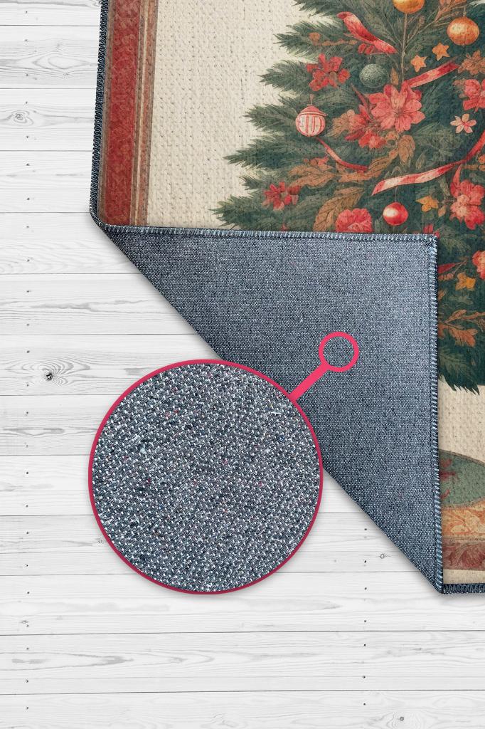 Homshtag Yeni Yıl Temalı Halı Krem Kırmızı Renkli Yeni Yıl Parti Halısı Yılbaşı Ağacı Hediyelik Halı