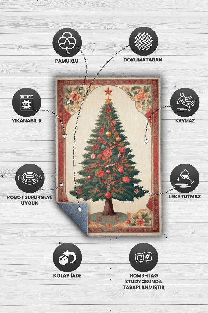 Homshtag Yeni Yıl Temalı Halı Krem Kırmızı Renkli Yeni Yıl Parti Halısı Yılbaşı Ağacı Hediyelik Halı