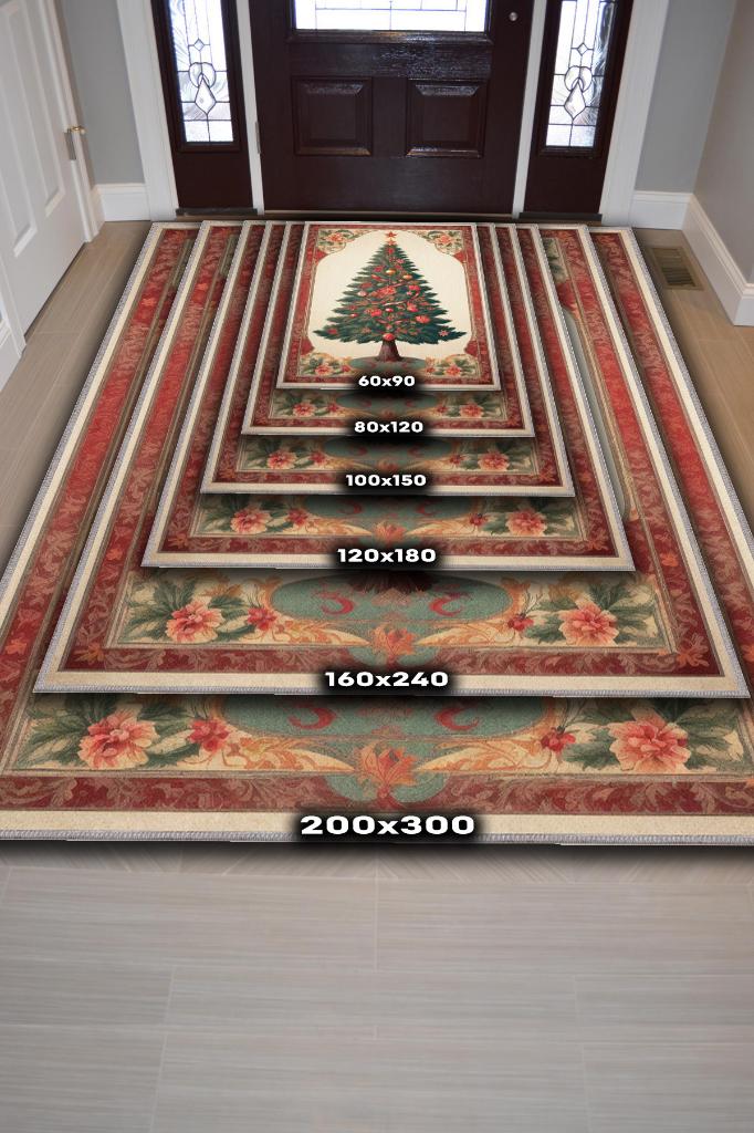 Homshtag Yeni Yıl Temalı Halı Krem Kırmızı Renkli Yeni Yıl Parti Halısı Yılbaşı Ağacı Hediyelik Halı