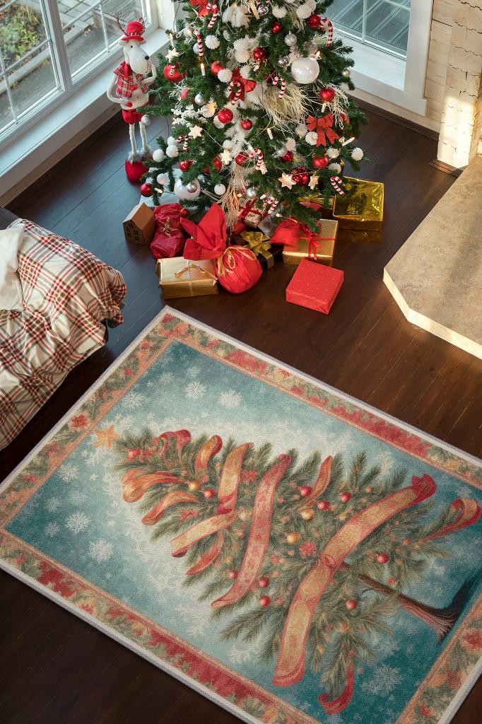 Homshtag New Year Themed Rug, Cream and Red Color, New Year Party Rug, Christmas Gift Rug