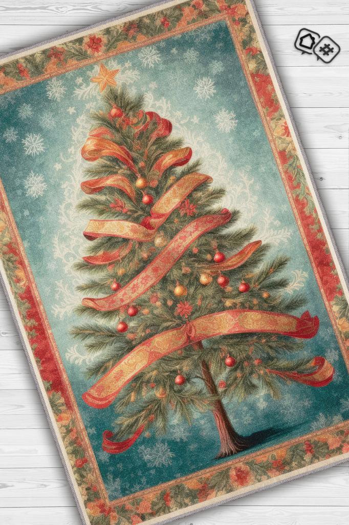 Homshtag New Year Themed Rug, Cream and Red Color, New Year Party Rug, Christmas Gift Rug