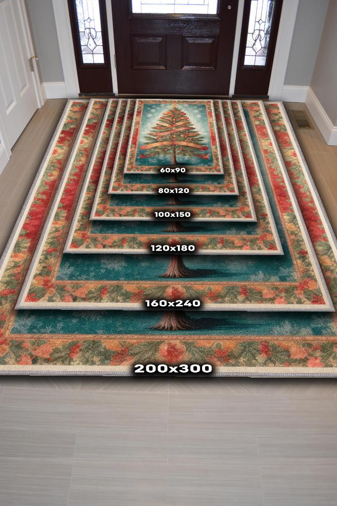 Homshtag Yeni Yıl Temalı Halı Krem Kırmızı Renkli Yeni Yıl Parti Halısı Yılbaşı Hediyelik Halı