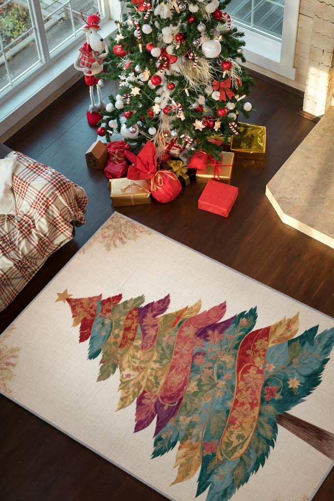 Homshtag New Year Themed Rug, Cream Colored New Year Party Rug, Minimalist Christmas Theme Rug