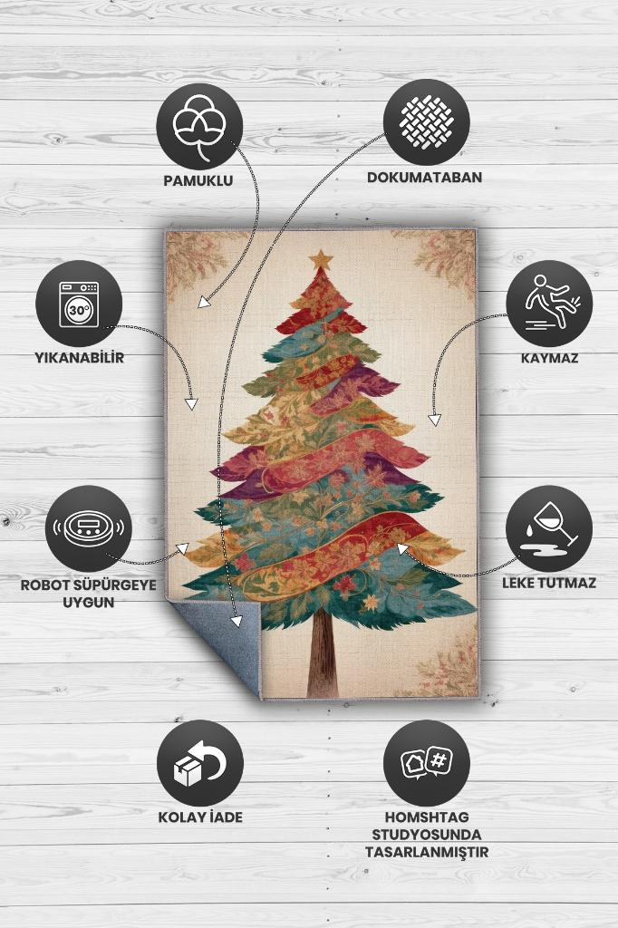 Homshtag Yeni Yıl Temalı Halı Krem Renkli Yeni Yıl Parti Halısı Minimal Yılbaşı Temal Halı