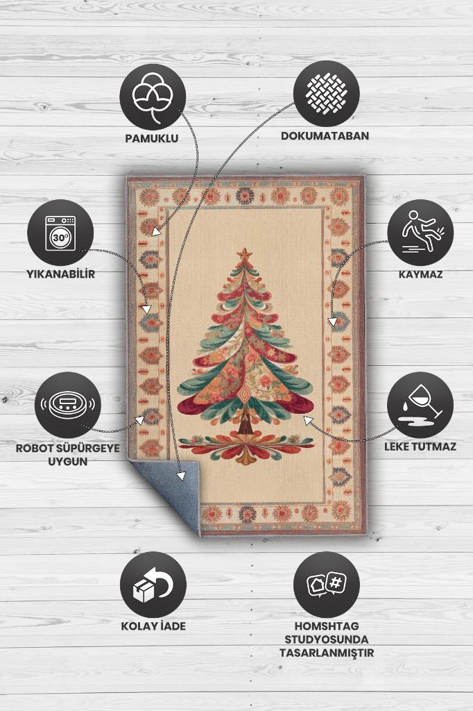 Homshtag Yeni Yıl Temalı Halı Krem Renkli Yeni Yıl Parti Halısı Yılbaşı Temalı Hediyelik Halı