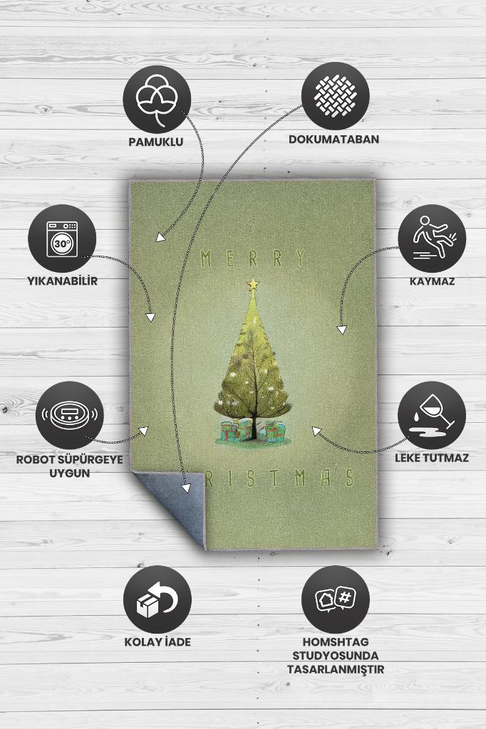 Homshtag Yeni Yıl Temalı Modern Halı Yeşil Renkli Yeni Yıl Parti Halısı Yılbaşı Hediyelik Halı