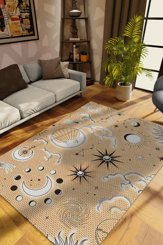 Homshtag Yerdeki Gökyüzü Desenli Halı Bej Açık Renkli Salon Halısı  Yıldız ve Ay Desenli Modern Halı
