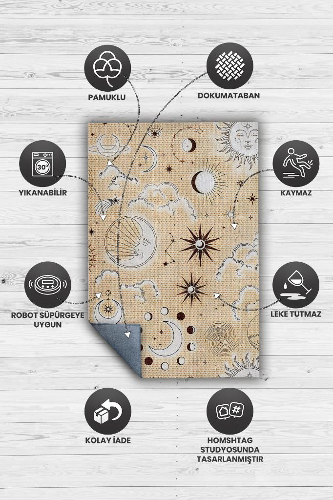 Homshtag Yerdeki Gökyüzü Desenli Halı Bej Açık Renkli Salon Halısı  Yıldız ve Ay Desenli Modern Halı