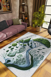 Homshtag Yeşil ve Özgür,Yeşil Beyaz Soyut Dekoratif Oturma Odası Halısı,Yazlık İnce Balkon Halısı,Sade Mutfak Halısı