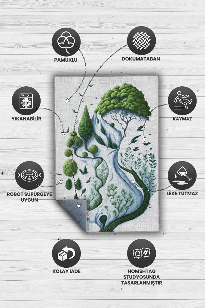 Homshtag Yeşil ve Özgür,Yeşil Beyaz Soyut Dekoratif Oturma Odası Halısı,Yazlık İnce Balkon Halısı,Sade Mutfak Halısı