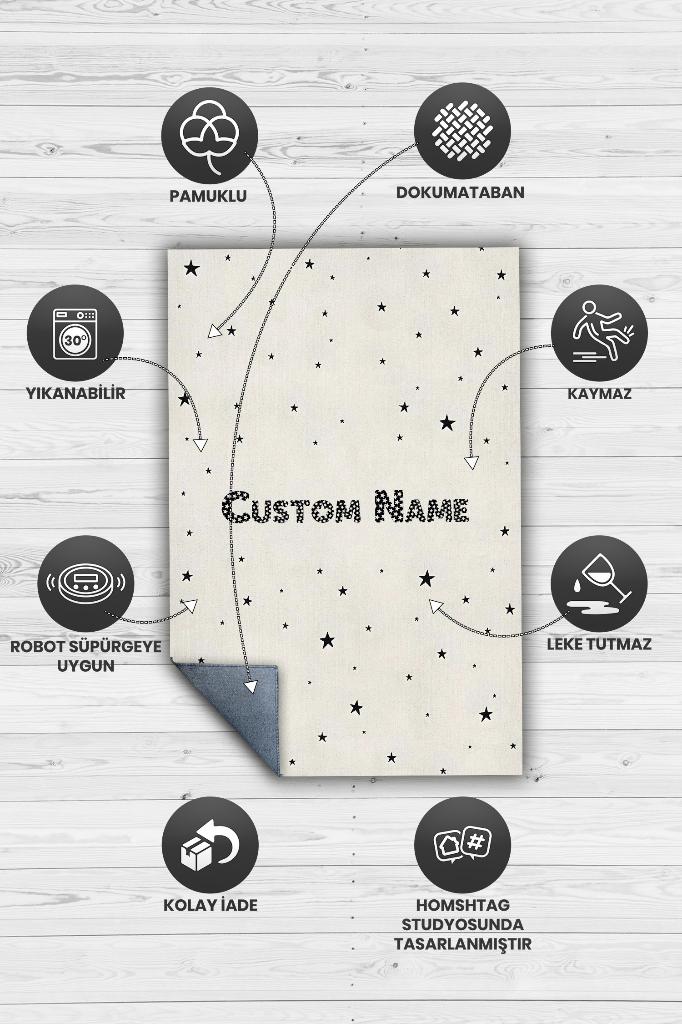 Homshtag Yıldızlı İsimli Kişiye Özel Kişiselleştirilebilir Dokuma Tabanlı Yıkanabilir Dekoratif Ev Halısı