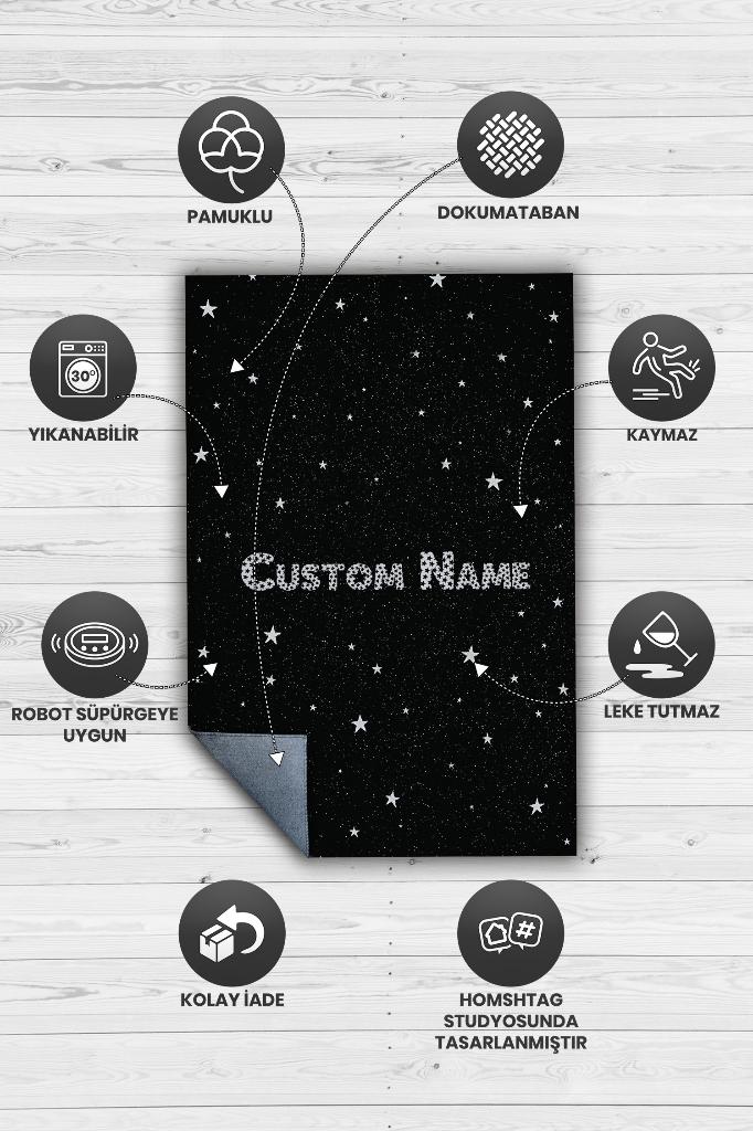 Homshtag Yıldızlı İsimli Kişiye Özel Kişiselleştirilebilir Dokuma Tabanlı Yıkanabilir Dekoratif Ev Halısı