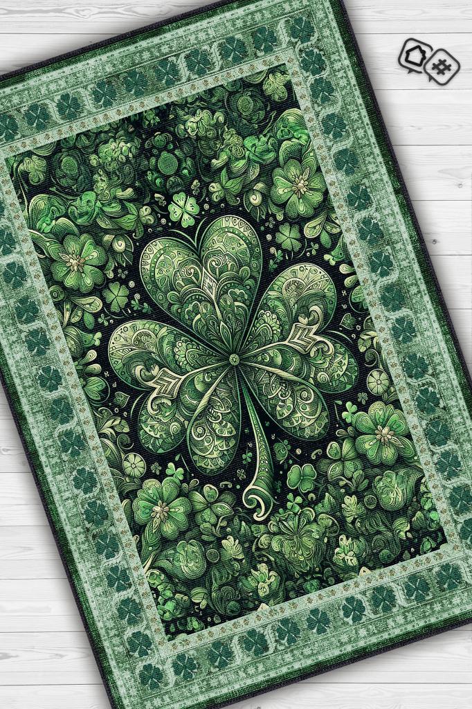 Homshtag Yonca Dijital Baskılı Halı Şans Temalı Dokuma Tabanlı Çok Renkli Halı Yeşil Renk Şans Halısı