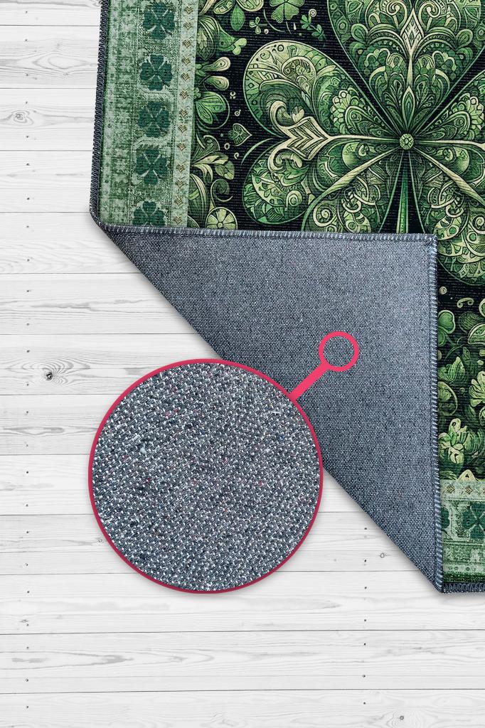 Homshtag Yonca Dijital Baskılı Halı Şans Temalı Dokuma Tabanlı Çok Renkli Halı Yeşil Renk Şans Halısı