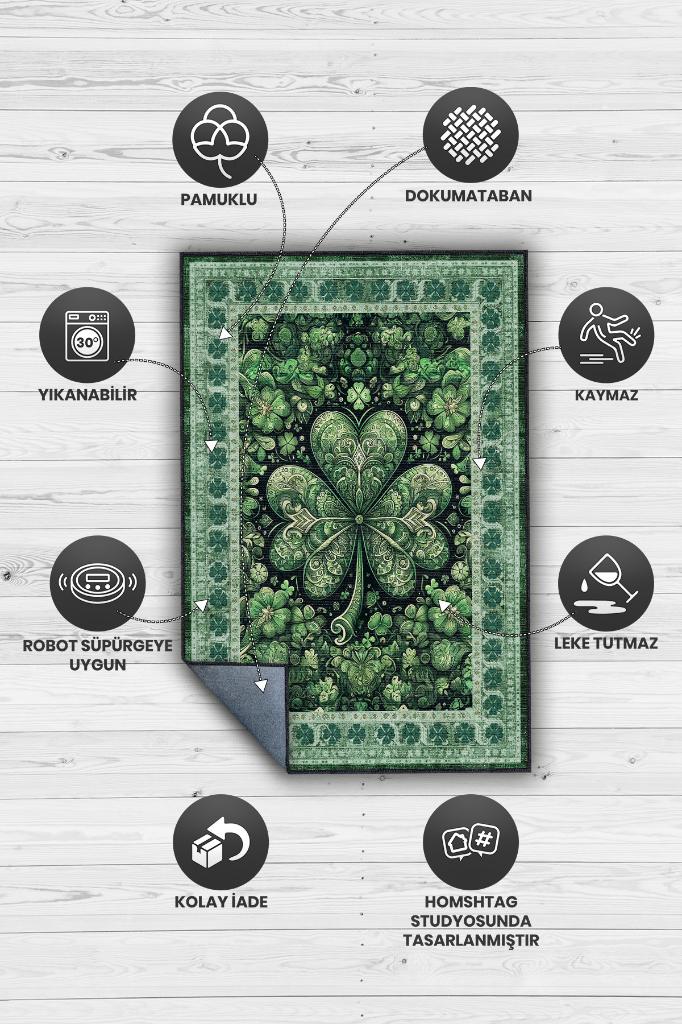 Homshtag Yonca Dijital Baskılı Halı Şans Temalı Dokuma Tabanlı Çok Renkli Halı Yeşil Renk Şans Halısı