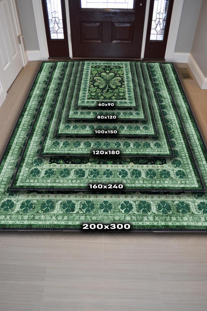 Homshtag Yonca Dijital Baskılı Halı Şans Temalı Dokuma Tabanlı Çok Renkli Halı Yeşil Renk Şans Halısı