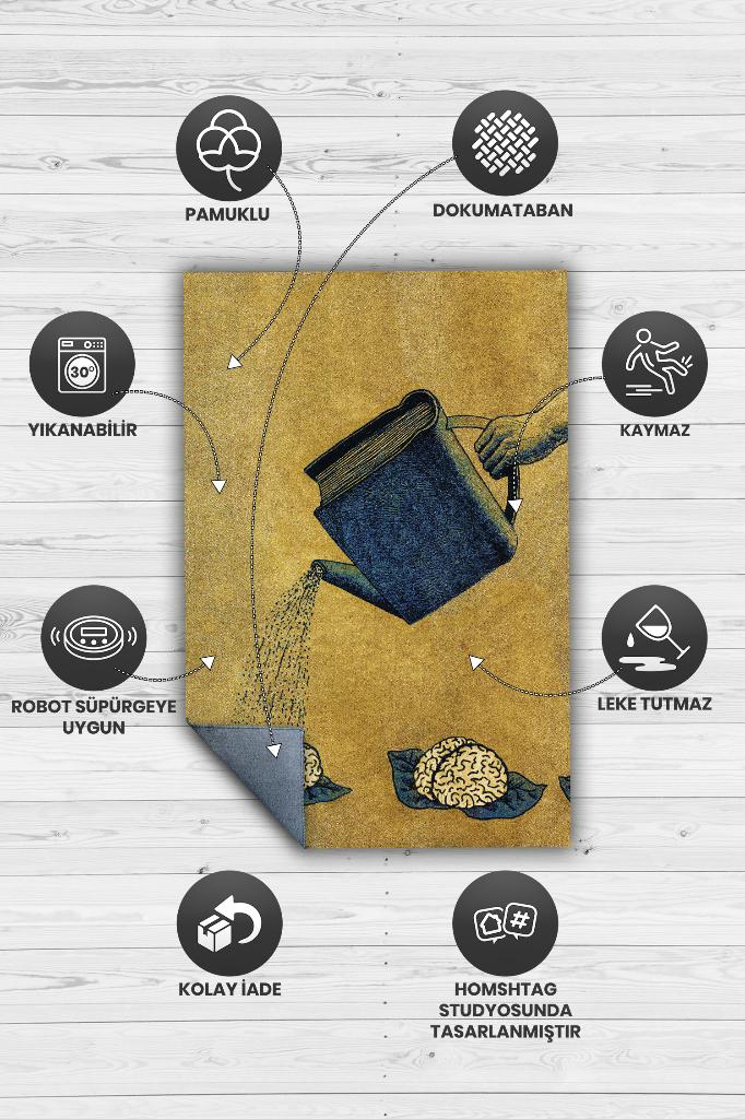Homshtag Zihnini Besle Sarı Renkli Kitap Sever Halısı Okuma Sever Çalışma Odası Halısı