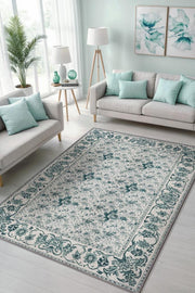 İnce Çiçek İşlemesi Detaylı Mint Yeşili Salon Halısı, Geleneksel Bordürlü Yıkanabilir Yatak Odası Halısı