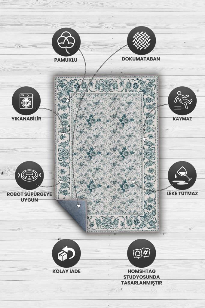 İnce Çiçek İşlemesi Detaylı Mint Yeşili Salon Halısı, Geleneksel Bordürlü Yıkanabilir Yatak Odası Halısı