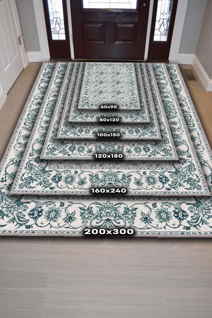 İnce Çiçek İşlemesi Detaylı Mint Yeşili Salon Halısı, Geleneksel Bordürlü Yıkanabilir Yatak Odası Halısı