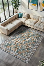 İnce Geomterik Detaylı Damalı Sanatsal Halı, Rustik Oturma Odası Halısı, Kültürel Desenli Salon Halısı