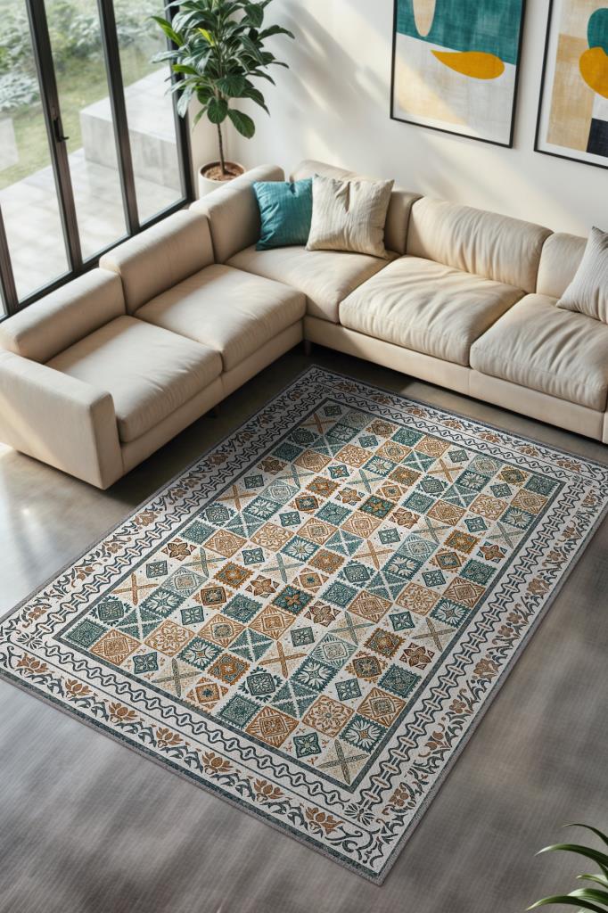 İnce Geomterik Detaylı Damalı Sanatsal Halı, Rustik Oturma Odası Halısı, Kültürel Desenli Salon Halısı