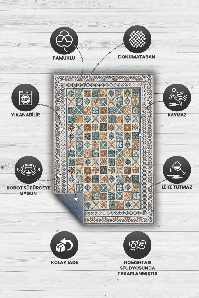 İnce Geomterik Detaylı Damalı Sanatsal Halı, Rustik Oturma Odası Halısı, Kültürel Desenli Salon Halısı