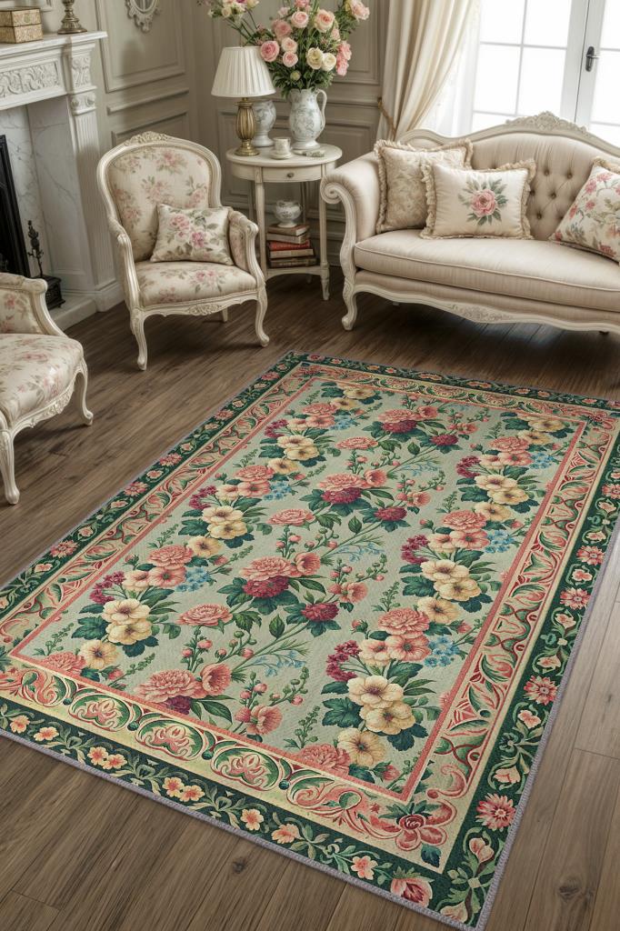 İngiliz Saray Odası Tarzı Çiçek Desenli Salon Halısı, Klasik Tarz Yeşil Halı, Maksimalist Ev Dekoru