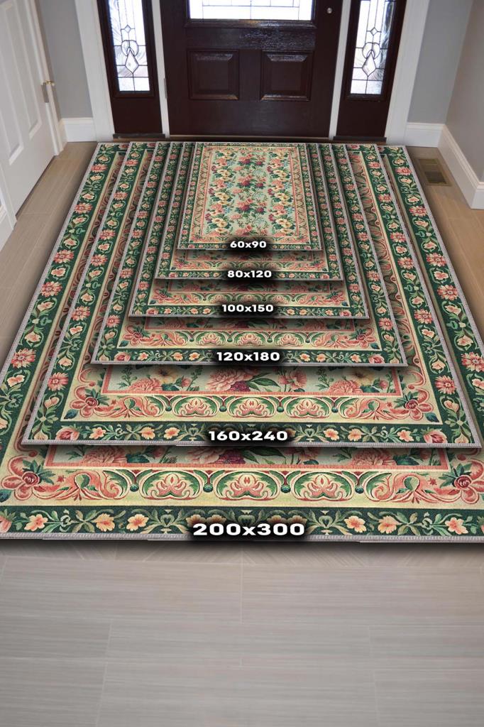 İngiliz Saray Odası Tarzı Çiçek Desenli Salon Halısı, Klasik Tarz Yeşil Halı, Maksimalist Ev Dekoru