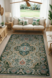 Iranian Style Machine Washable Vintage Rug, Green and Blue Rug, Chenille Rug 