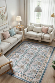 İskandinav Oda Dekoru Temalı Pastel Renkli Çiçekli Oturma Odası Halısı, Yıkanabilir Deniz Evi Tarzı Halı