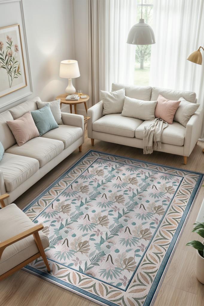 İskandinav Oda Dekoru Temalı Pastel Renkli Çiçekli Oturma Odası Halısı, Yıkanabilir Deniz Evi Tarzı Halı