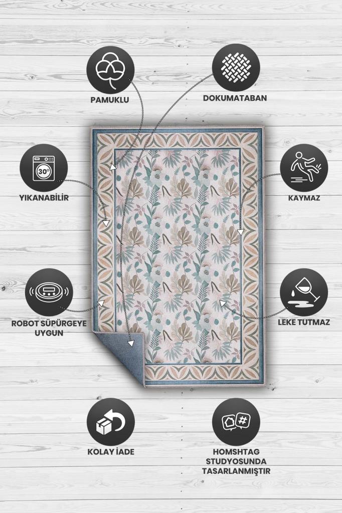 İskandinav Oda Dekoru Temalı Pastel Renkli Çiçekli Oturma Odası Halısı, Yıkanabilir Deniz Evi Tarzı Halı