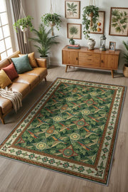 Kaz Figürlü Sarmaşık Desenli Oturma Odası Halısı, Yeşil Orman Desenli Klasik Bordürlü Maksimalist Halı