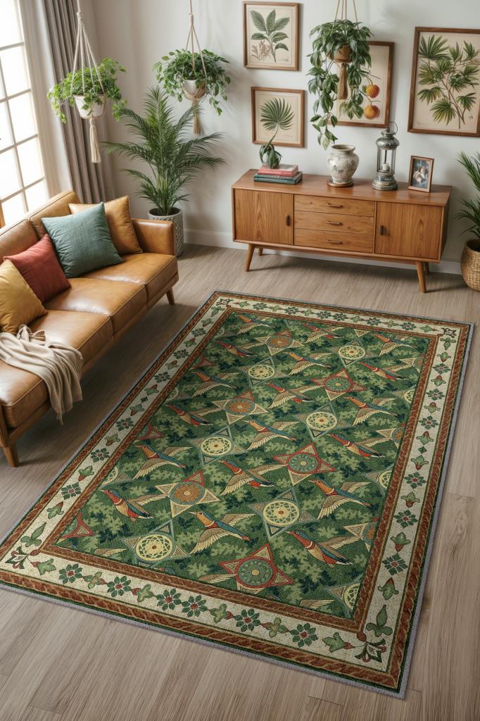 Kaz Figürlü Sarmaşık Desenli Oturma Odası Halısı, Yeşil Orman Desenli Klasik Bordürlü Maksimalist Halı