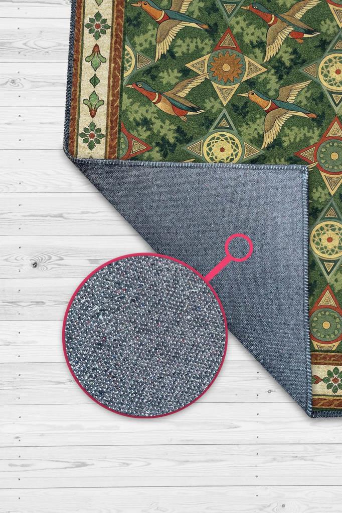 Kaz Figürlü Sarmaşık Desenli Oturma Odası Halısı, Yeşil Orman Desenli Klasik Bordürlü Maksimalist Halı