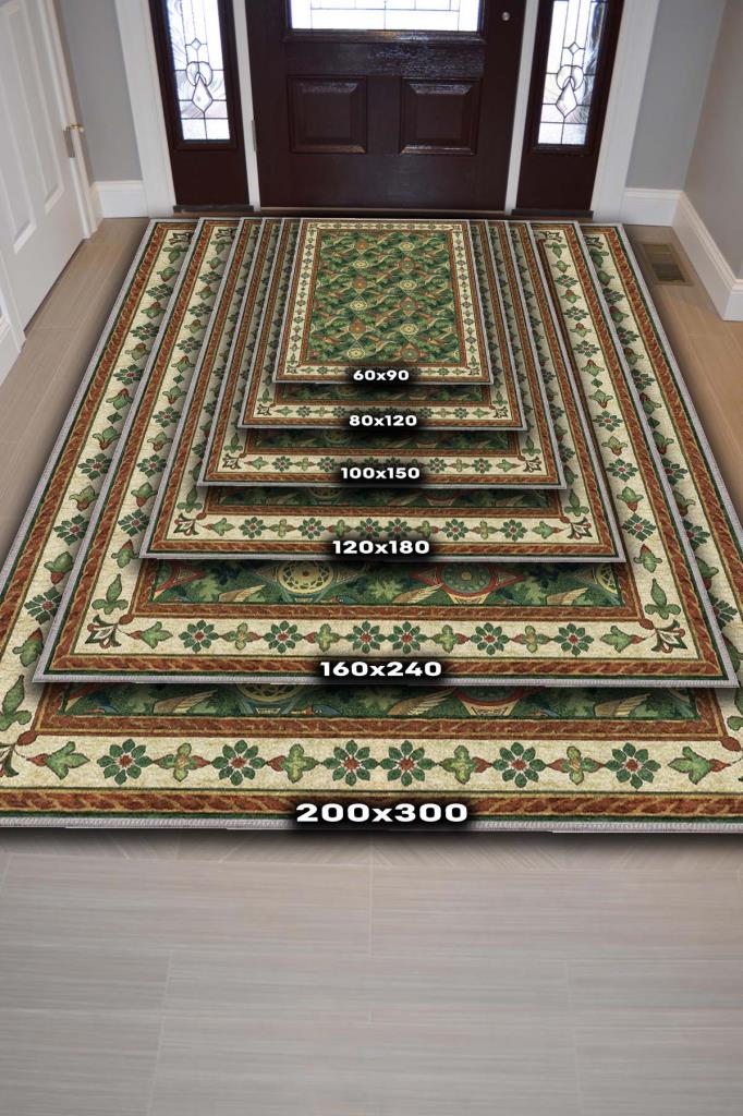 Kaz Figürlü Sarmaşık Desenli Oturma Odası Halısı, Yeşil Orman Desenli Klasik Bordürlü Maksimalist Halı