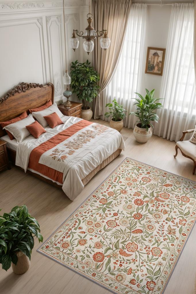 Kır Çiçeği Desenli İngiliz Tarzı Botanik Halı, Çiçekli Salon Halısı, Çiçek Desenli Geleneksel Yatak Odası Halısı