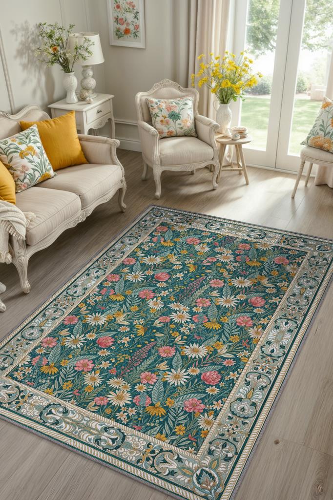 Kır Evi Tarzı Çok Renkli Papatya Detaylı Çiçek Bahçesi Temalı Oturma Odası Halısı, Salon Halısı, Mutfak Halısı