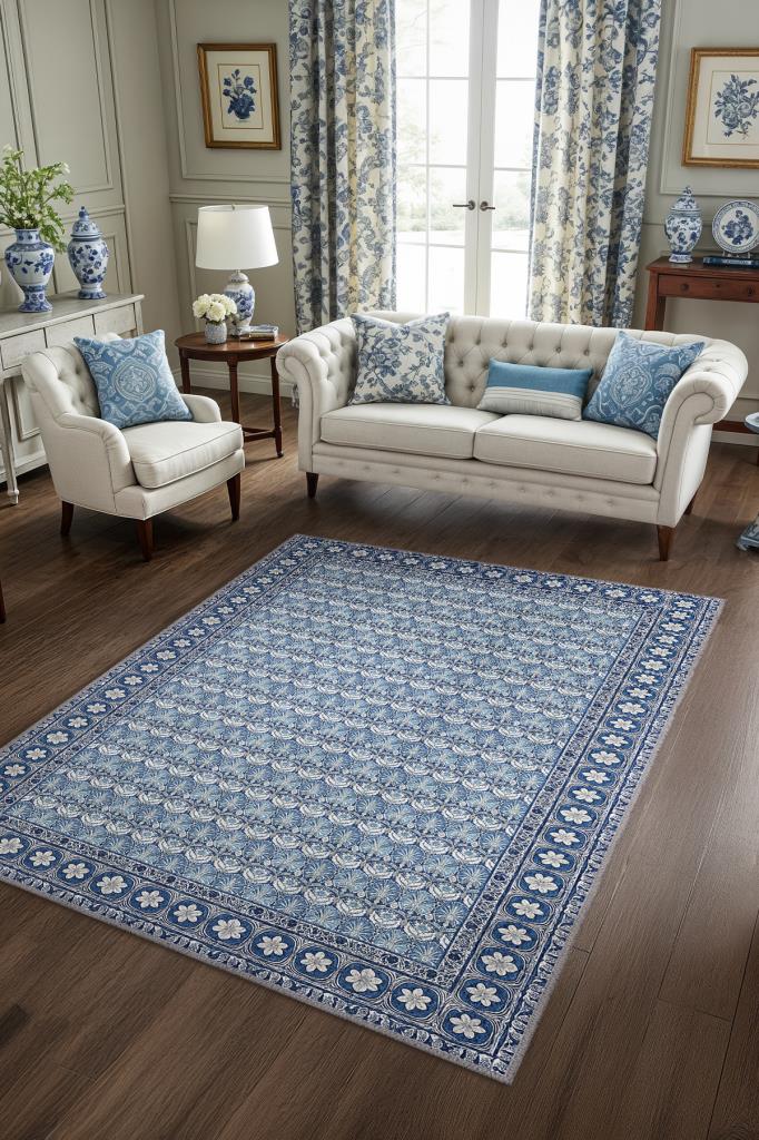 Klasik Porselen Desenli Çiçekli Mavi Salon Halısı, Mavi Oturma Odası Halısı, Çini Desenli Yıkanabilir Halı