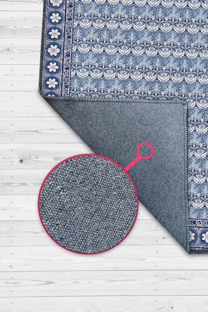 Klasik Porselen Desenli Çiçekli Mavi Salon Halısı, Mavi Oturma Odası Halısı, Çini Desenli Yıkanabilir Halı