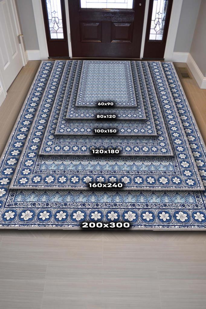 Klasik Porselen Desenli Çiçekli Mavi Salon Halısı, Mavi Oturma Odası Halısı, Çini Desenli Yıkanabilir Halı